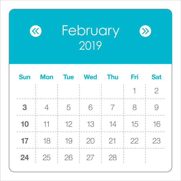 2019年2月月历矢量插图图片 2019年2月月历矢量插图图片下载