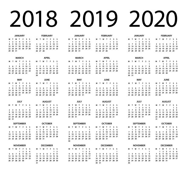 日历2018 2019 2020黑色垂直-英语欧洲国际版本。工作日从星期一开始图片 日历2018 2019 2020黑色垂直-英语欧洲国际版本。工作日从星期一开始图片下载