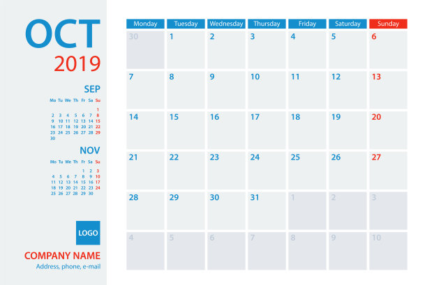 日历规划师矢量模板2019年10月。一周星期一图片 日历规划师矢量模板2019年10月。一周星期一图片下载