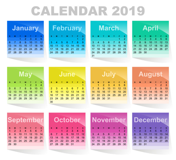 2019年日历。彩色的便签。彩色的纸张。图片 2019年日历。彩色的便签。彩色的纸张。图片下载