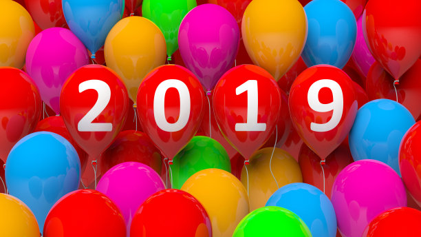 2019年新年以彩色气球为背景。三维演示图片 2019年新年以彩色气球为背景。三维演示图片下载