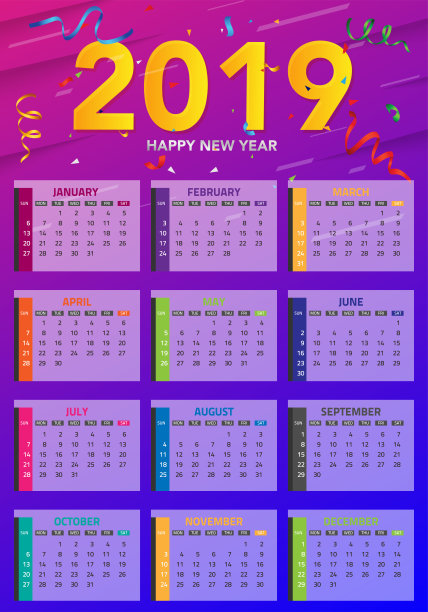 2019年日历。彩色设置,设置书桌和墙壁日历模板设计与空间的照片和公司标志。一周从周日开始。一套12个月。矢量图图片 2019年日历。彩色设置,设置书桌和墙壁日历模板设计与空间的照片和公司标志。一周从周日开始。一套12个月。矢量图图片下载