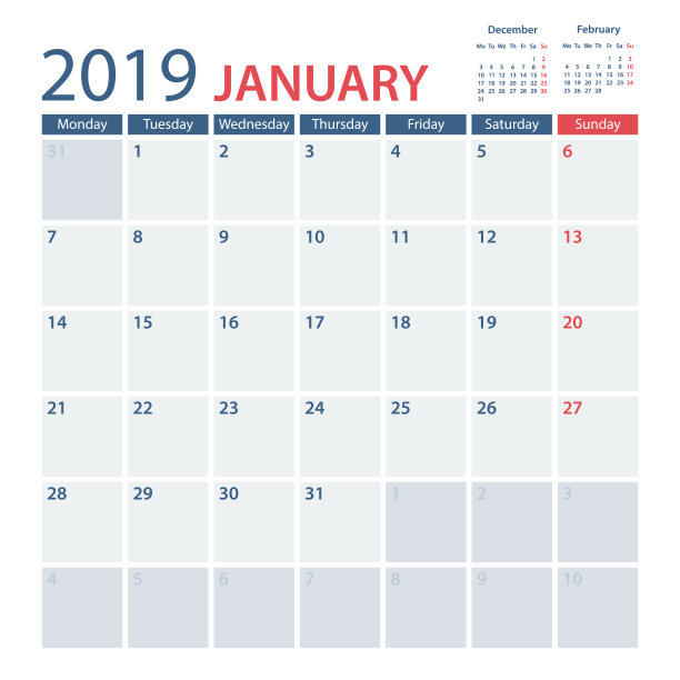 日历计划矢量模板2019年1月。一周星期一图片 日历计划矢量模板2019年1月。一周星期一图片下载