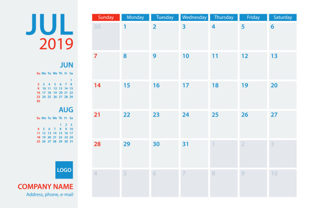 日历规划师矢量模板2019年7月。一周周日图片 日历规划师矢量模板2019年7月。一周周日图片下载