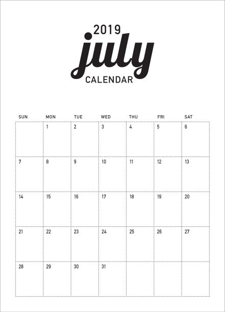 2019年7月台历矢量插图图片 2019年7月台历矢量插图图片下载
