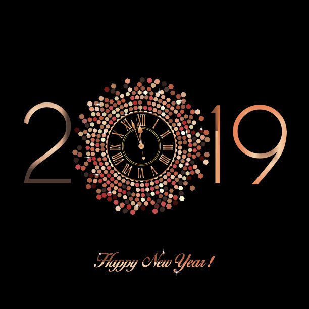 黑色背景上的玫瑰金倒计时2019年新年前夕12点图片 黑色背景上的玫瑰金倒计时2019年新年前夕12点图片下载