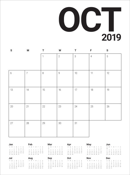 2019年10月台历矢量插图图片 2019年10月台历矢量插图图片下载