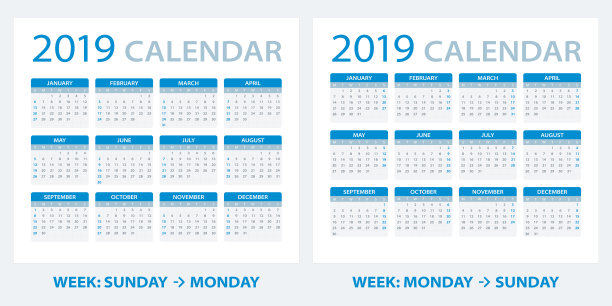 日历2019 -周开始:周日,周开始于周一图片 日历2019 -周开始:周日,周开始于周一图片下载