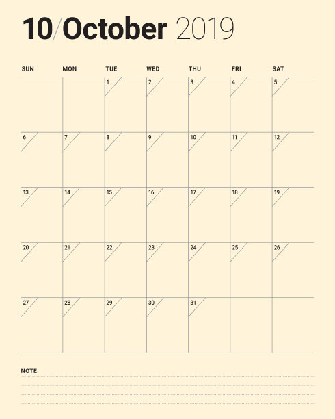 2019年10月台历矢量插图图片 2019年10月台历矢量插图图片下载