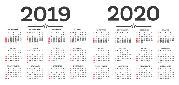日历2019年2020年孤立在白色背景。一周从星期天开始。图片 日历2019年2020年孤立在白色背景。一周从星期天开始。图片下载