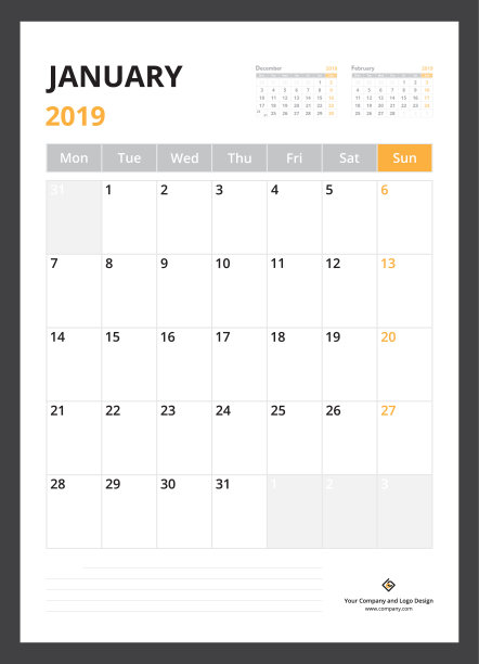 2019年日历计划公司模板设计1月周周一开始。图片 2019年日历计划公司模板设计1月周周一开始。图片下载