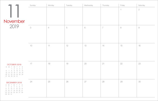 2019年11月台历矢量插图图片 2019年11月台历矢量插图图片下载