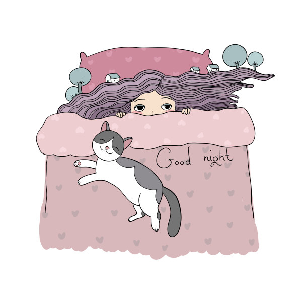 女孩和猫。晚安,各位。甜蜜的梦想。图片 女孩和猫。晚安,各位。甜蜜的梦想。图片下载