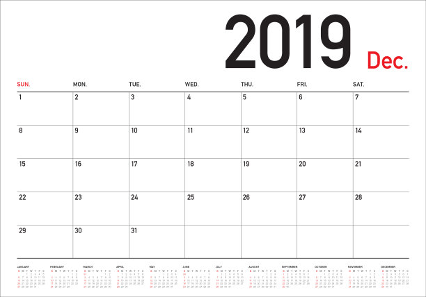 2019年12月台历矢量插图图片 2019年12月台历矢量插图图片下载
