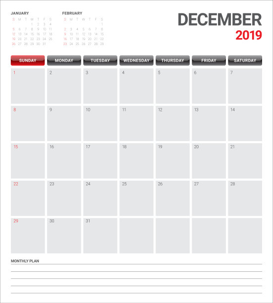 2019年12月台历矢量插图图片 2019年12月台历矢量插图图片下载
