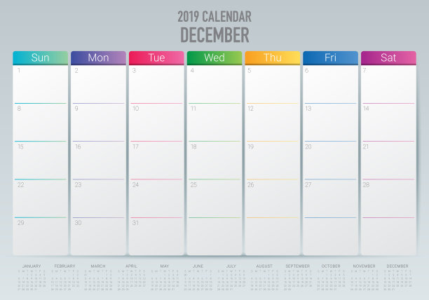 2019年12月台历矢量插图图片 2019年12月台历矢量插图图片下载