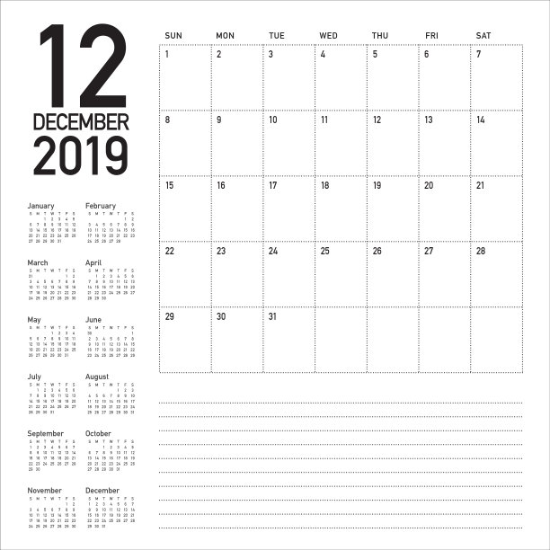 2019年12月台历矢量插图图片 2019年12月台历矢量插图图片下载