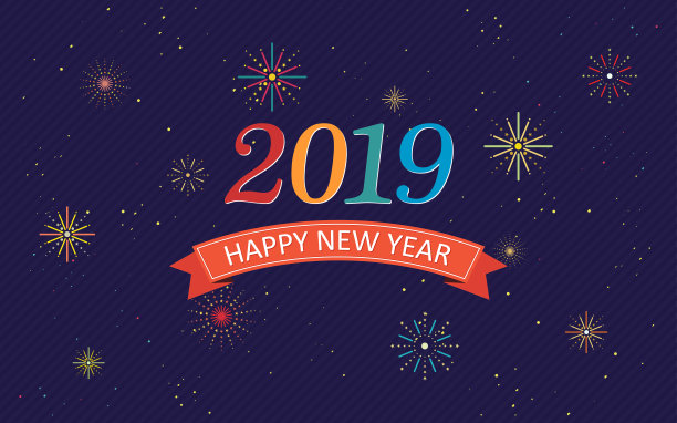 在深蓝色背景上用彩色图标设计的彩色烟花祝你2019年新年快乐图片 在深蓝色背景上用彩色图标设计的彩色烟花祝你2019年新年快乐图片下载
