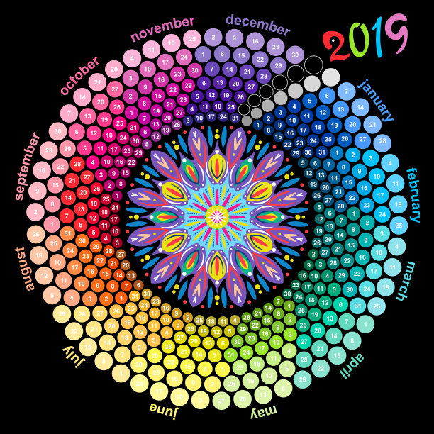 圆历2019在光谱的颜色上以黑色为背景。图片 圆历2019在光谱的颜色上以黑色为背景。图片下载