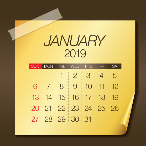 2019年1月月历矢量插图图片 2019年1月月历矢量插图图片下载