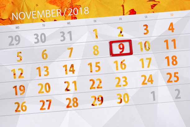 日历计划的月,截止日期2018年11月9日,星期五图片 日历计划的月,截止日期2018年11月9日,星期五图片下载
