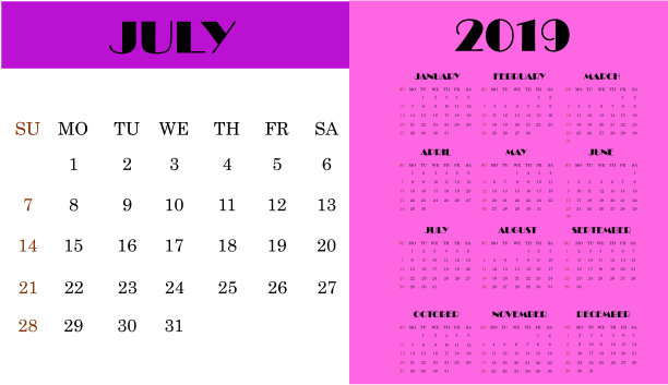 2019年7月日历图片 2019年7月日历图片下载