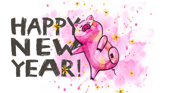 可爱的猪,创意2019年新年字。中国历法中年份的象征。水彩插图明信片水平格式。图片 可爱的猪,创意2019年新年字。中国历法中年份的象征。水彩插图明信片水平格式。图片下载