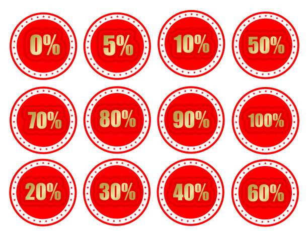 特别优惠销售红色圆圈标签与黄金百分比折扣编号从0到100%。图片 特别优惠销售红色圆圈标签与黄金百分比折扣编号从0到100%。图片下载