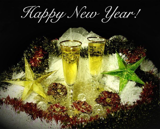 浪漫的新年快乐海报或卡片与香槟杯和玫瑰图片 浪漫的新年快乐海报或卡片与香槟杯和玫瑰图片下载