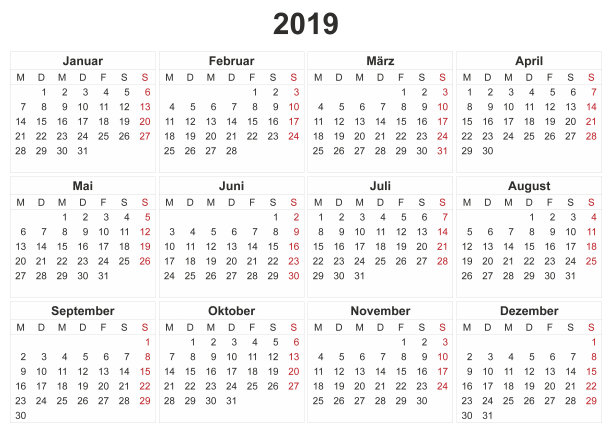 2019年德国白底月历。图片 2019年德国白底月历。图片下载