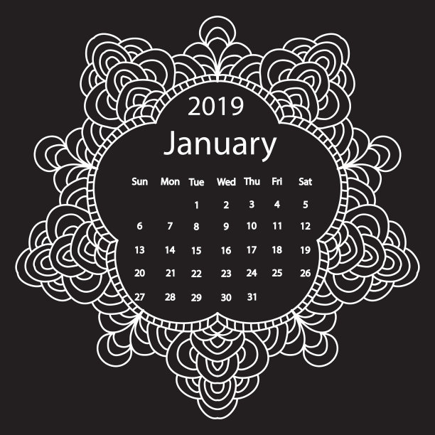 白色粉笔画曼荼罗涂鸦框2019年月历在黑板上图片 白色粉笔画曼荼罗涂鸦框2019年月历在黑板上图片下载
