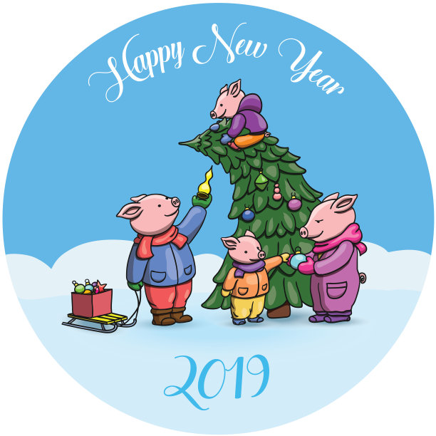 可爱的卡通猪,象征2019年中国新年。小猪们兴高采烈地庆祝,装饰圣诞树。中国猪向量。与文本图片 可爱的卡通猪,象征2019年中国新年。小猪们兴高采烈地庆祝,装饰圣诞树。中国猪向量。与文本图片下载
