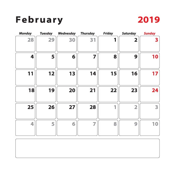 日历2019年2月星期一开始图片 日历2019年2月星期一开始图片下载