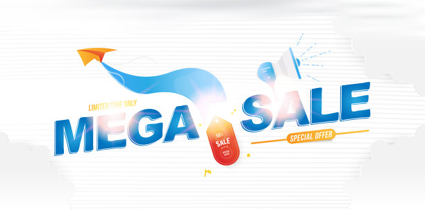 Mega Sale 50%横幅模板设计与灯光效果。喇叭和纸飞机特价。平面矢量插图EPS 10。图片 Mega Sale 50%横幅模板设计与灯光效果。喇叭和纸飞机特价。平面矢量插图EPS 10。图片下载