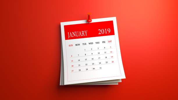 2019年一月日历上的红色背景图片 2019年一月日历上的红色背景图片下载