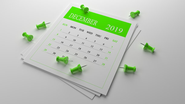 绿色十二月日历2019年白色背景与绿色大头针图片 绿色十二月日历2019年白色背景与绿色大头针图片下载