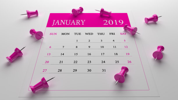 粉色一月日历2019年在白色的背景与粉红色的别针图片 粉色一月日历2019年在白色的背景与粉红色的别针图片下载