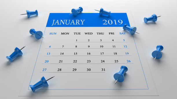 蓝色一月日历2019年白色背景与蓝色大头针图片 蓝色一月日历2019年白色背景与蓝色大头针图片下载