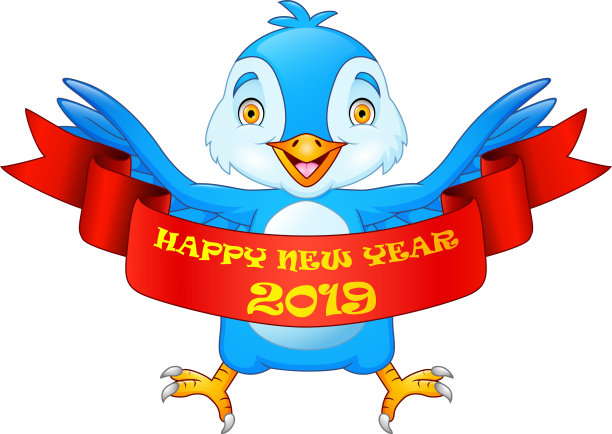 2019年新年快乐,蓝色小鸟卡通贺卡图片 2019年新年快乐,蓝色小鸟卡通贺卡图片下载