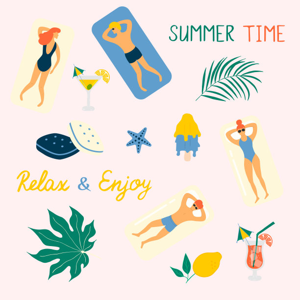 夏季海滩矢量插图。享受人们的寒冷,日光浴和放松在海边或海边的热带树叶,冰淇淋。图片 夏季海滩矢量插图。享受人们的寒冷,日光浴和放松在海边或海边的热带树叶,冰淇淋。图片下载