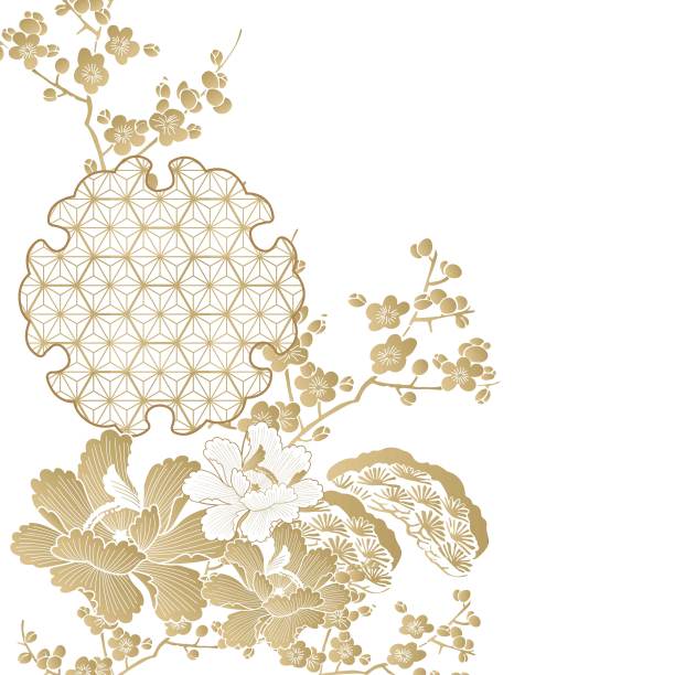 东方模板与花和日本模式向量。金色樱花元素背景。图片 东方模板与花和日本模式向量。金色樱花元素背景。图片下载
