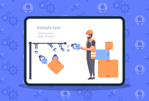 仓库工人在统一安排纸箱与机器人手臂自动化机器人生产线现代仓储水平全长平面复制空间图片 仓库工人在统一安排纸箱与机器人手臂自动化机器人生产线现代仓储水平全长平面复制空间图片下载