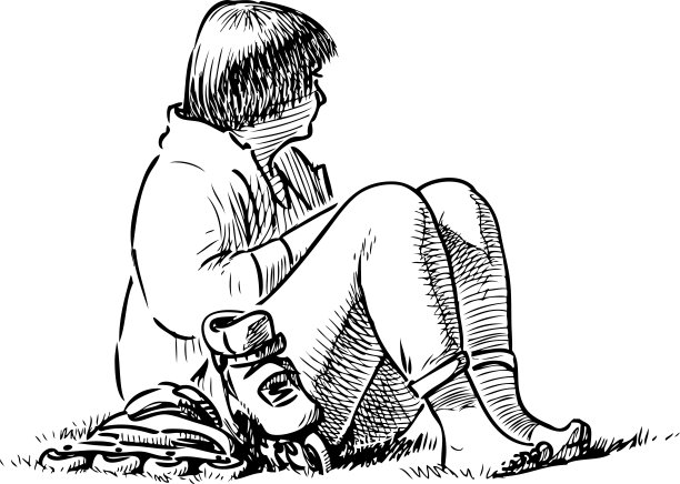 一个城镇妇女在草坪上休息的素描图片 一个城镇妇女在草坪上休息的素描图片下载