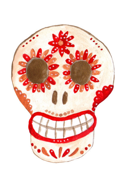 弗里达·卡罗风格的墨西哥头骨,白色背景上的水粉画图片 弗里达·卡罗风格的墨西哥头骨,白色背景上的水粉画图片下载