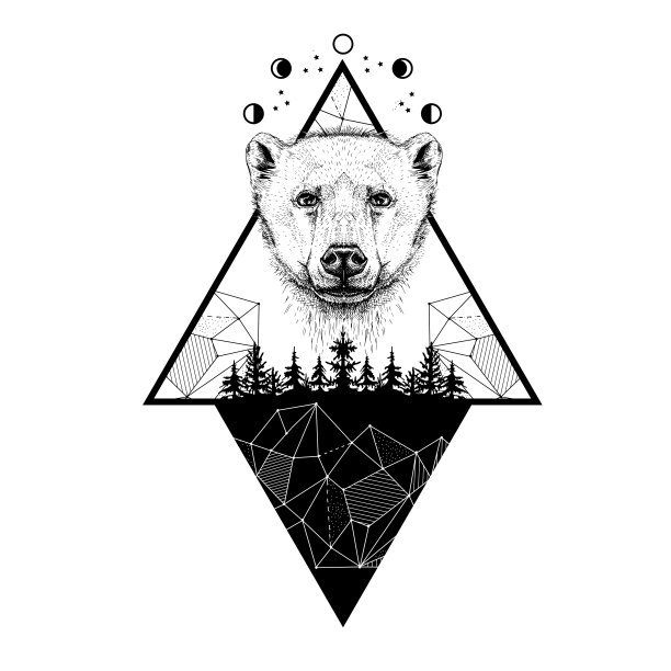 熊的矢量图像,月相,森林和三角形。纹身艺术。t恤设计图片 熊的矢量图像,月相,森林和三角形。纹身艺术。t恤设计图片下载