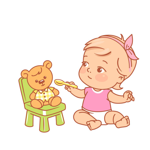 小女孩拿着勺子,给泰迪熊喂食物。图片 小女孩拿着勺子,给泰迪熊喂食物。图片下载