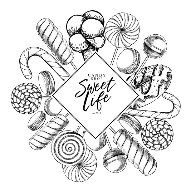 手绘一套糖果。扭焦糖棒棒糖,棒棒糖,马卡龙,甜甜圈。矢量食品标签模板。用于餐厅,菜单,派对装饰,传单,横幅。万圣节糖甜点。图片 手绘一套糖果。扭焦糖棒棒糖,棒棒糖,马卡龙,甜甜圈。矢量食品标签模板。用于餐厅,菜单,派对装饰,传单,横幅。万圣节糖甜点。图片下载