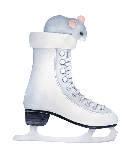 一只灰色的小老鼠,长着黑色的大眼睛和可爱的粉红色的耳朵,坐在冰鞋里向下看。手绘水彩图形绘图,剪纸元素的创意设计装饰。图片 一只灰色的小老鼠,长着黑色的大眼睛和可爱的粉红色的耳朵,坐在冰鞋里向下看。手绘水彩图形绘图,剪纸元素的创意设计装饰。图片下载