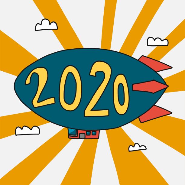 2020彩色飞艇上天空和云卡通矢量插图涂鸦风格图片 2020彩色飞艇上天空和云卡通矢量插图涂鸦风格图片下载