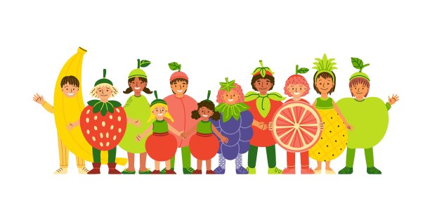 孩子在水果服装平面矢量插图图片 孩子在水果服装平面矢量插图图片下载